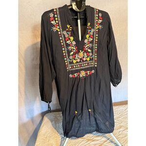 Johnny Was 100% Cotton Embroidered Tunic Dress - Black Multi - L